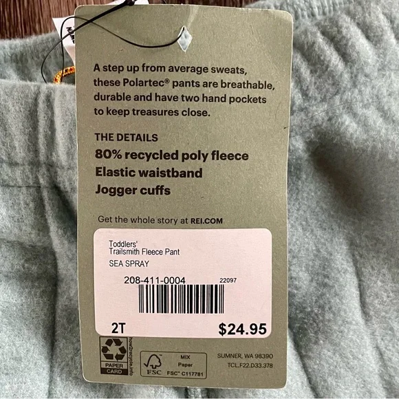 NWT REI Toddler Sea Foam Aqua Fleece Pull On Jogger Sweatpants 2T New Recycled - Picture 4 of 5